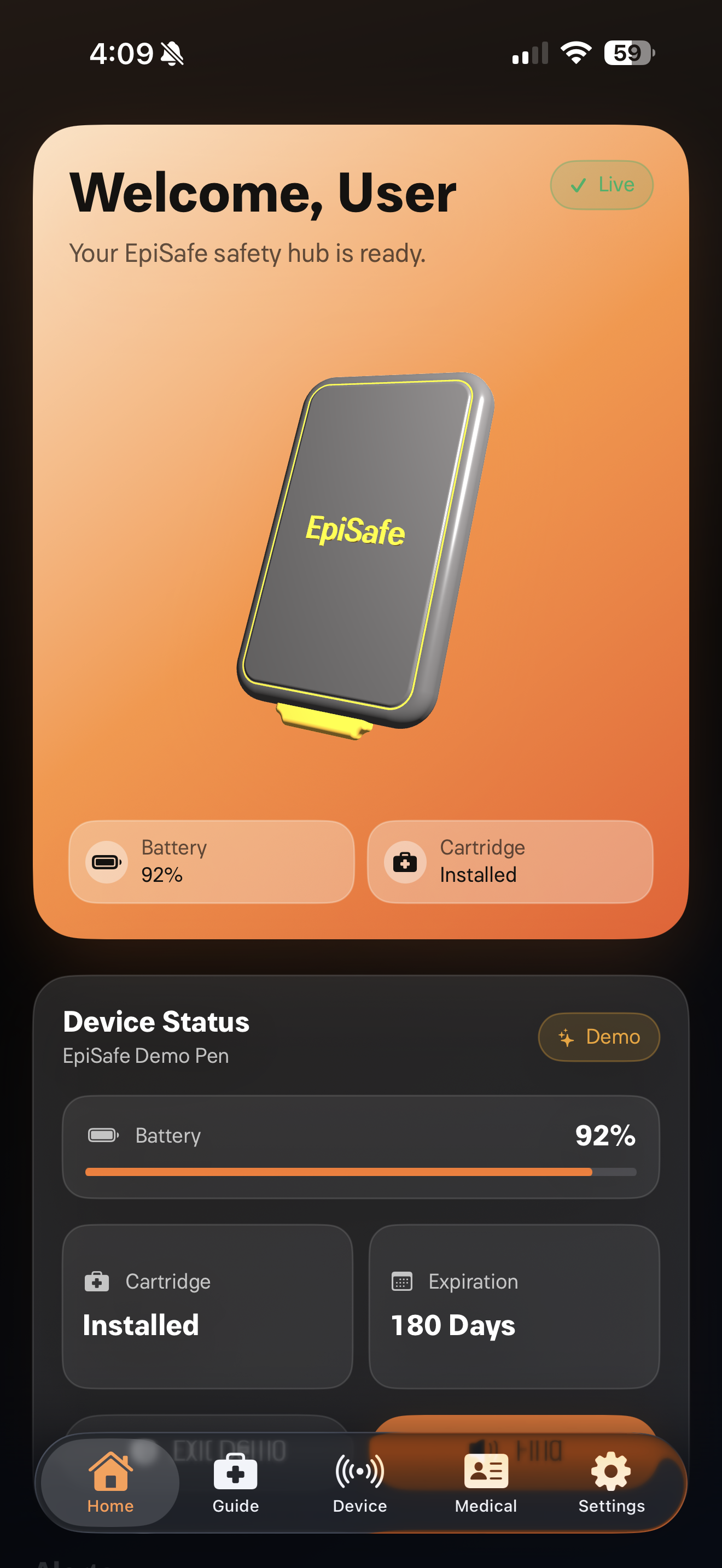 EpiSafe companion app home screen